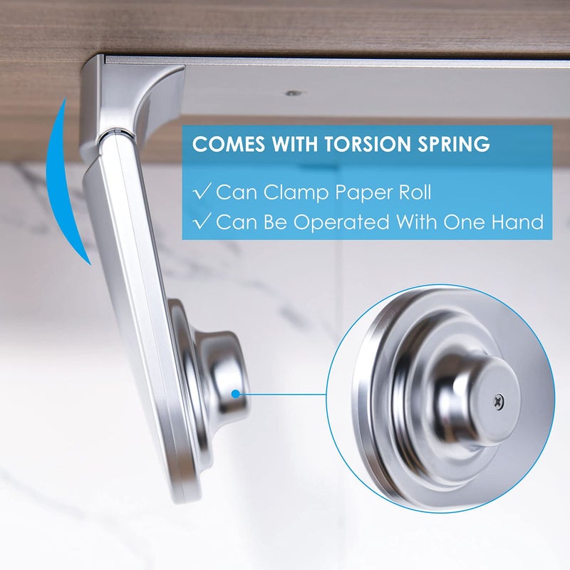 simpletome ONE HAND TEAR Paper Towel Holder Under Cabinet Adhesive or Drilling Installation Aluminum Alloy + ABS (Pearl Chrome Silver) - Image 4